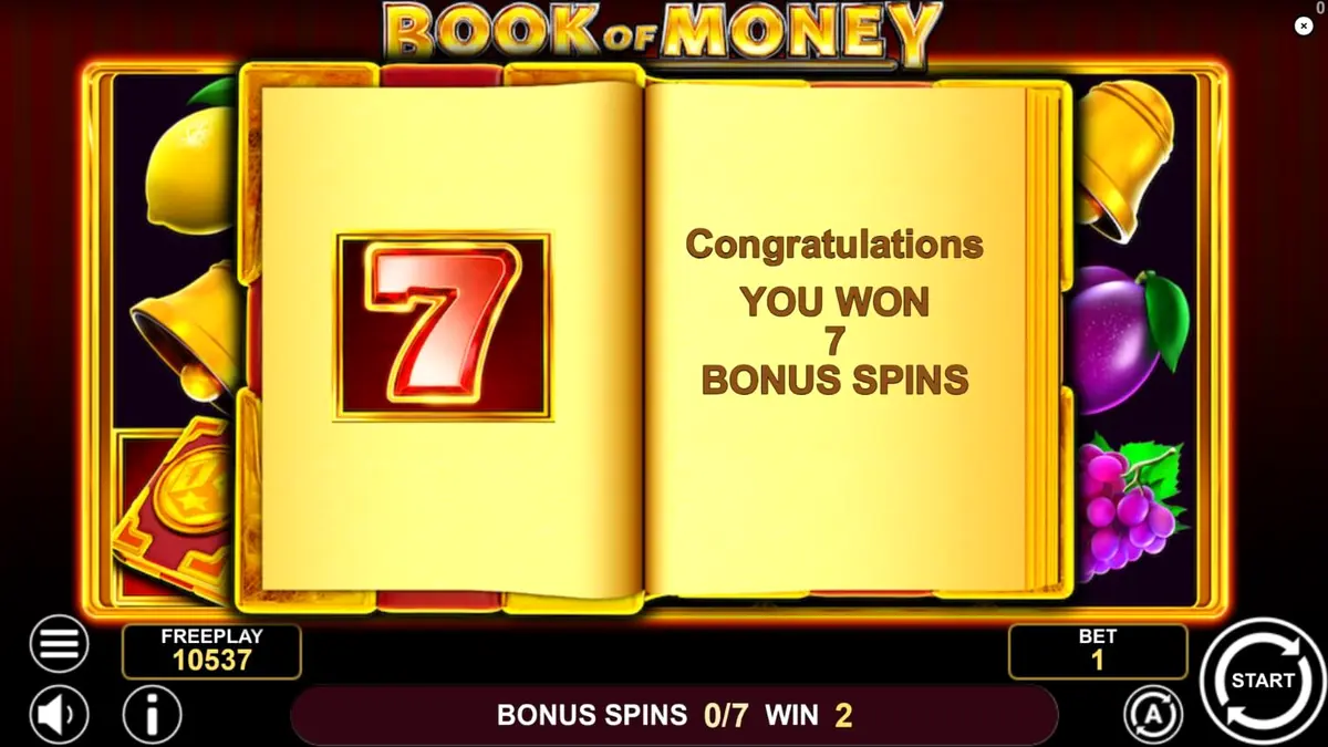 Tampilan visual slot Book of Money dengan simbol buah dan buku